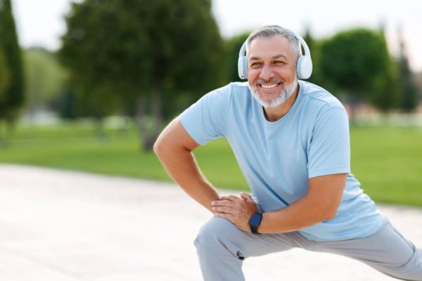 A smiling man wearing headphones and stretching before exercising.