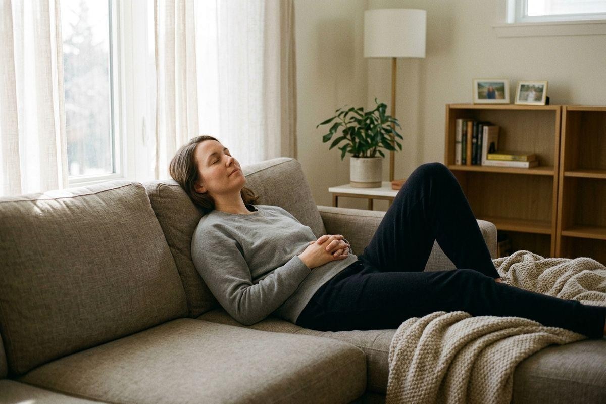 Adult resting on a gray sofa in a living room, eyes closed, hands clasped, with a knit blanket nearby and a window behind them.
