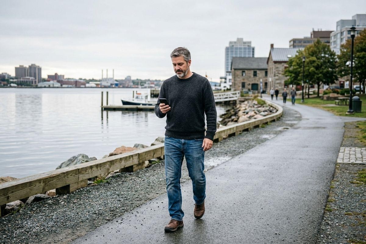 Adult walking along a waterfront path while looking at a smartphone, with a harbor, stone buildings, and city skyline in the background.