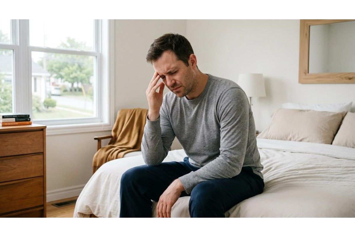 A man sits on the edge of a bed in a bright bedroom, holding his forehead with one hand and looking pained, representing someone experiencing a migraine or headache as a symptom of a health issue.
