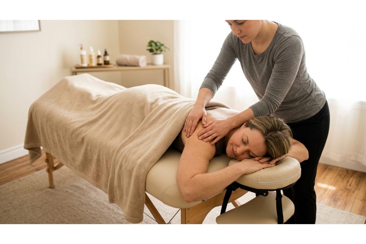 A professional massage therapist performing a shoulder massage on a relaxed female client lying face-down on a comfortable massage table in a calming, bright wellness studio setting.
