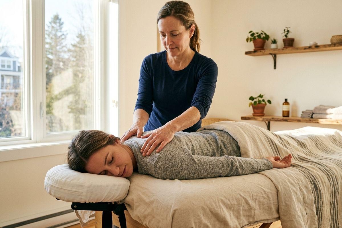 Massage therapist pressing hands on the back of a person lying face down on a treatment table in a sunlit room.