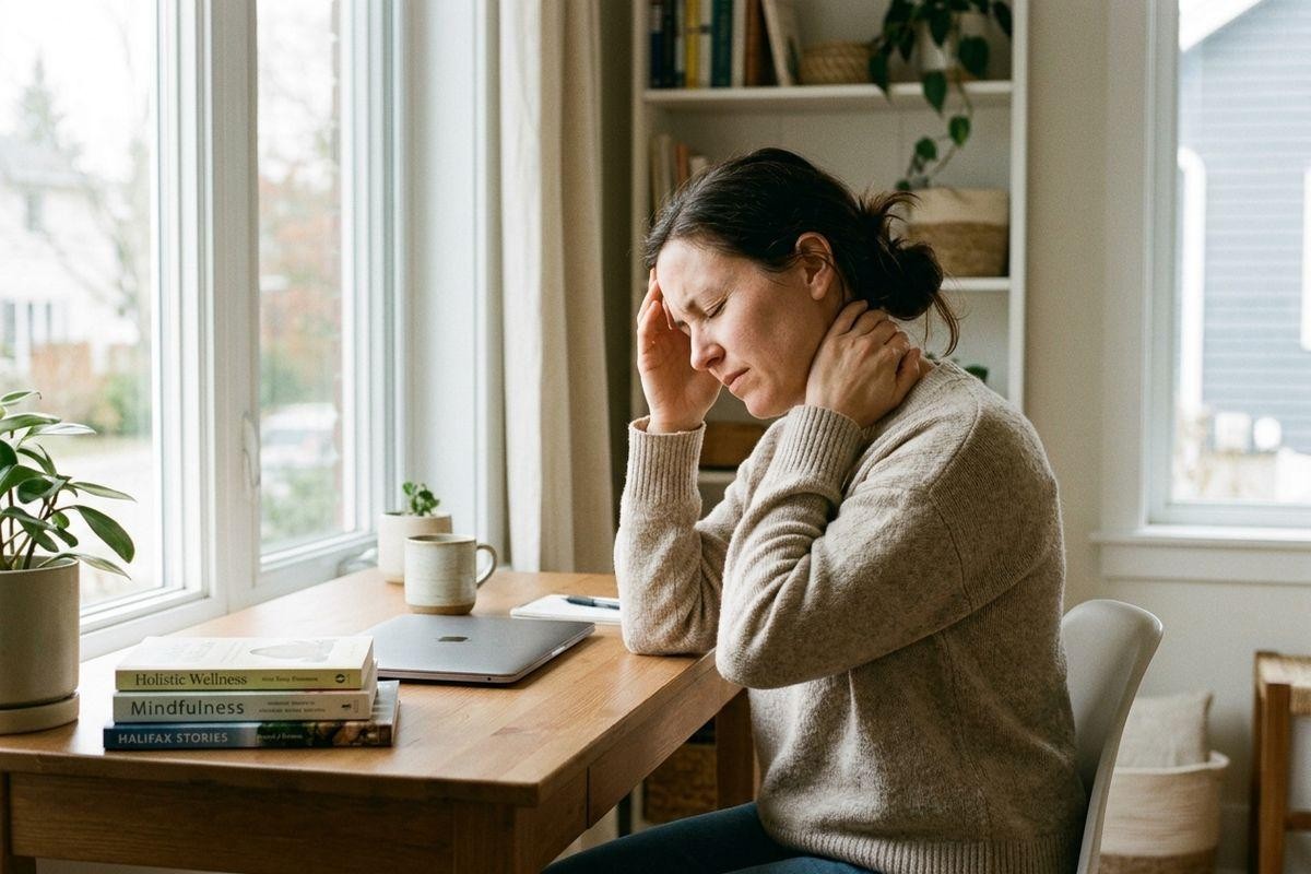 Person at a desk with eyes closed, holding their head and neck, appearing in pain, beside a laptop, mug, and books by a window.