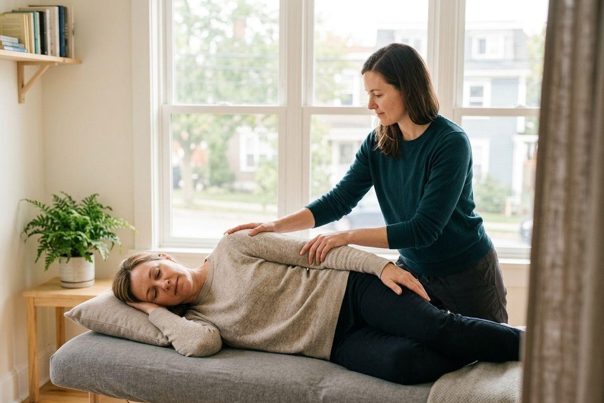 Therapist treating a person lying on their side on a table, hands on their shoulder and hip, near a bright window.
