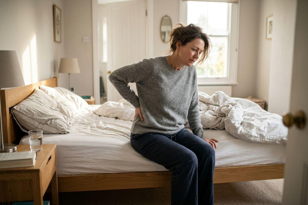 Adult in a gray sweater sits on the edge of an unmade bed, one hand on lower back, wincing, in a sunlit bedroom.